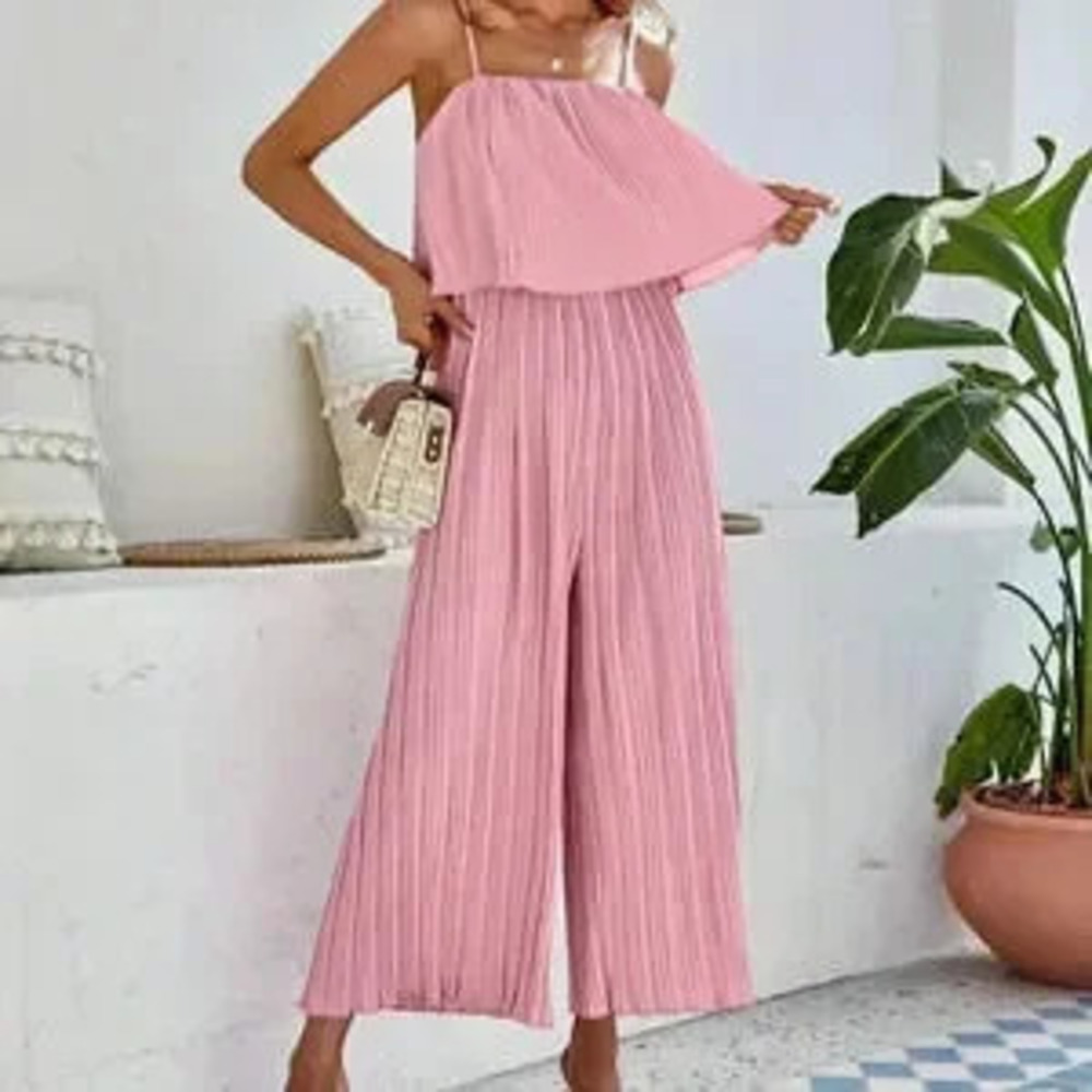 ZARA Pink Preppy Womens Solid Pleated Cami Jumpsuit